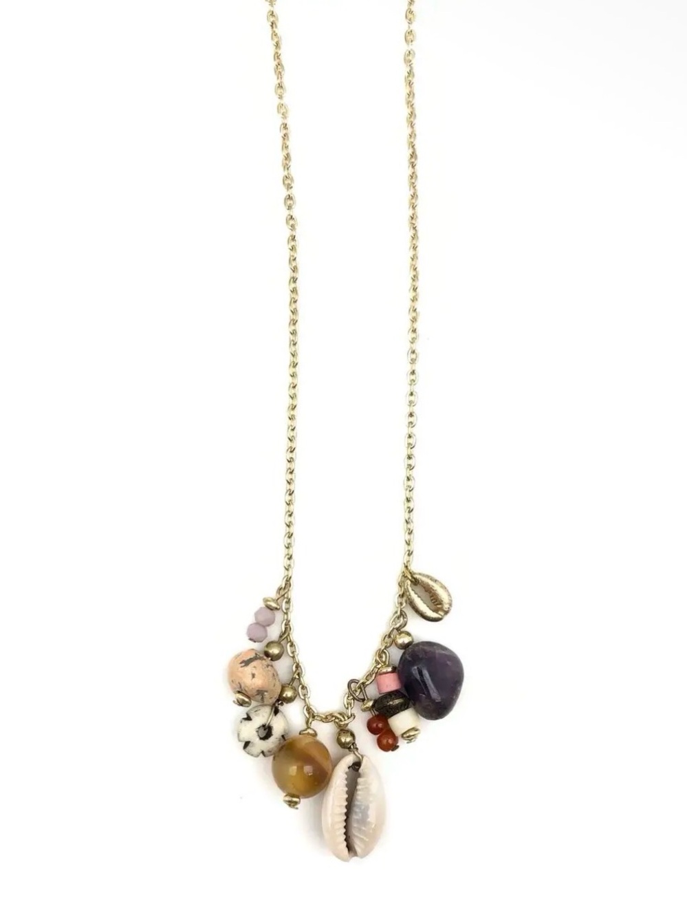 Gold-Tone Necklace with Purple Stone, Shell & Multi Beads
